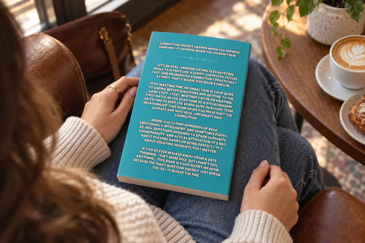 Woman seated with the back cover of Say This, Not That facing upward on her lap
