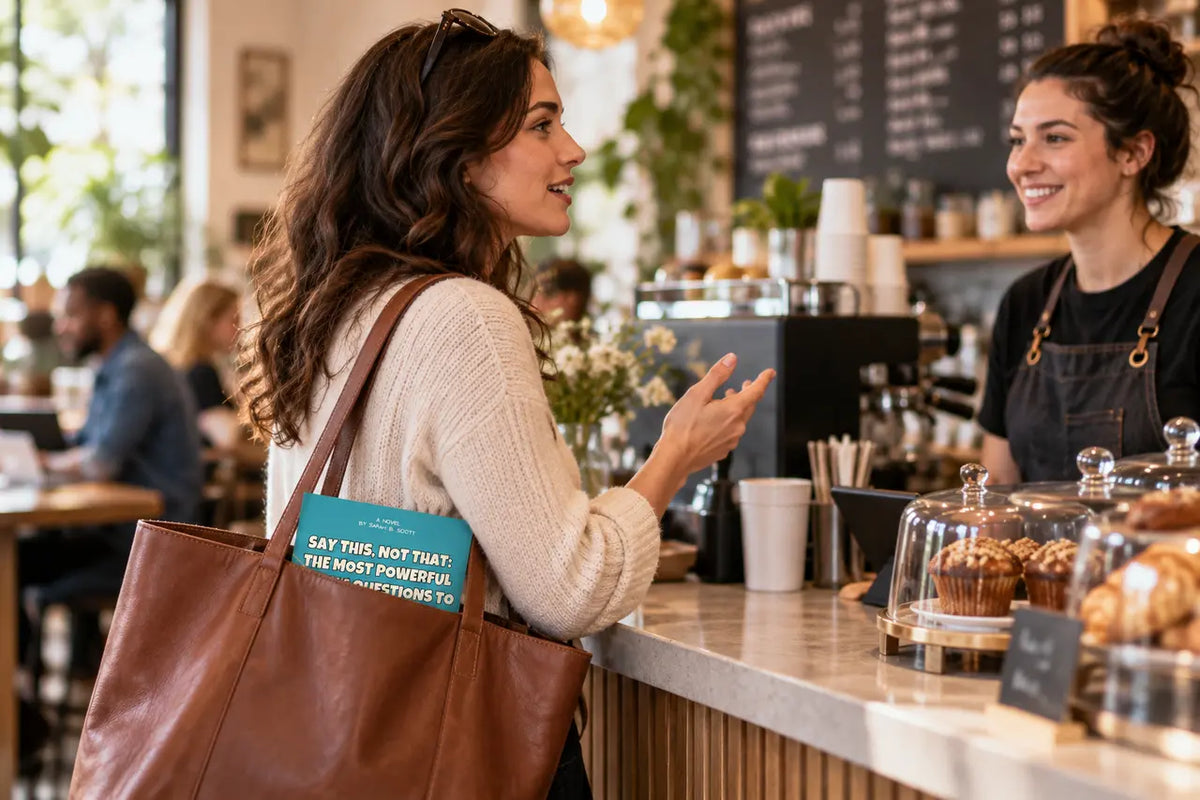 Woman ordering coffee while Say This, Not That peeks naturally from her tote bag