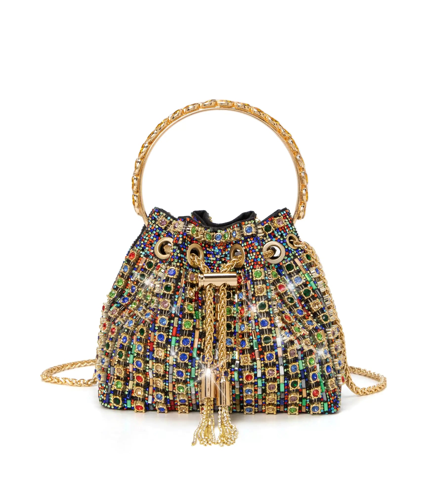 Midnight Luxe Jeweled Bucket Bag – Multicolor Crystal & Gold Chain