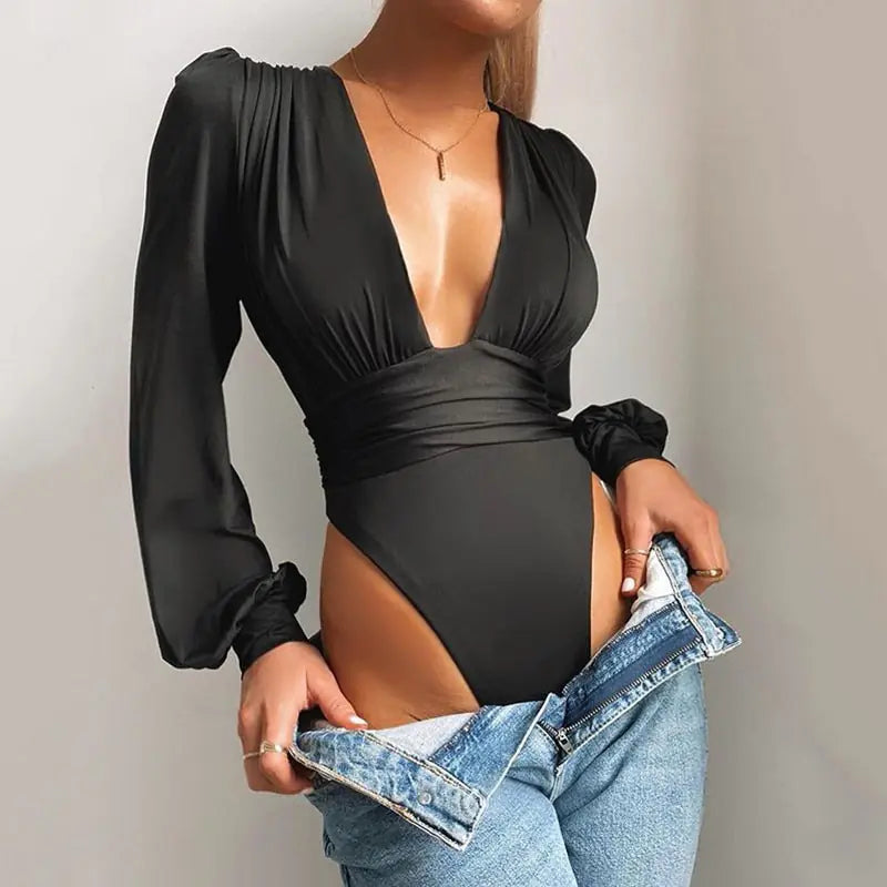 Noir Night Deep V Bodysuit – Satin Long Sleeve Wrap One-Piece