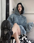 Women's Retro Denim Hooded Sweater