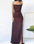 Burgundy Satin-Lined Mesh Gown with Lace-Up Slit