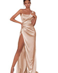 Soft Gold Satin Mermaid One Shoulder Dress with Slit- Size 6