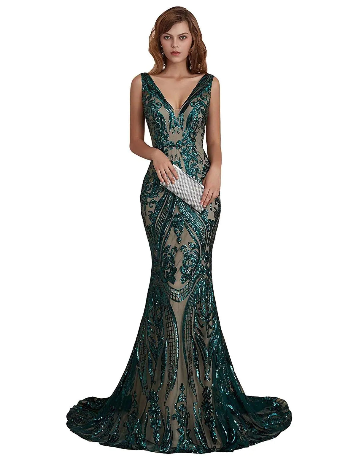 Sequin V Neck Mermaid Dress in Green- Size 22