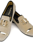Chic Beige Velvet Loafers with Gold Buckle - Size 9